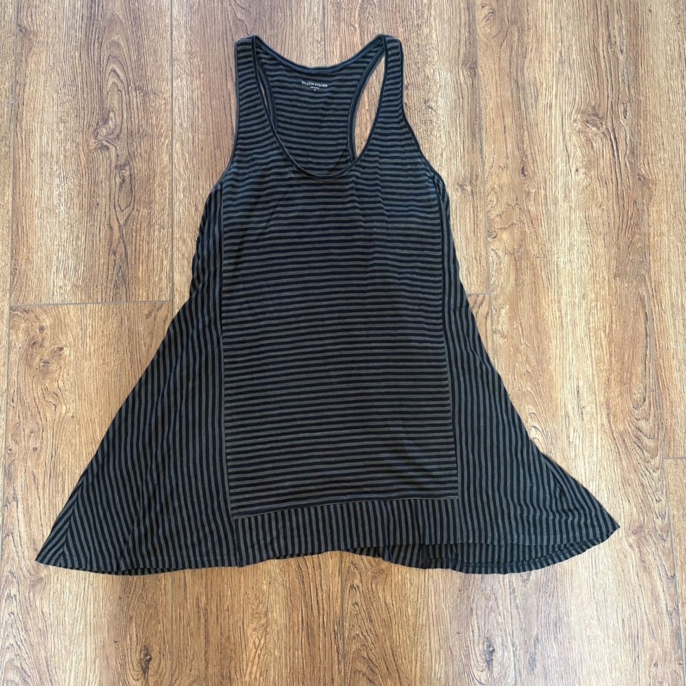 Eileen Fisher 100% Linen Midi Tank Dress Striped Racerback Small Black Gray